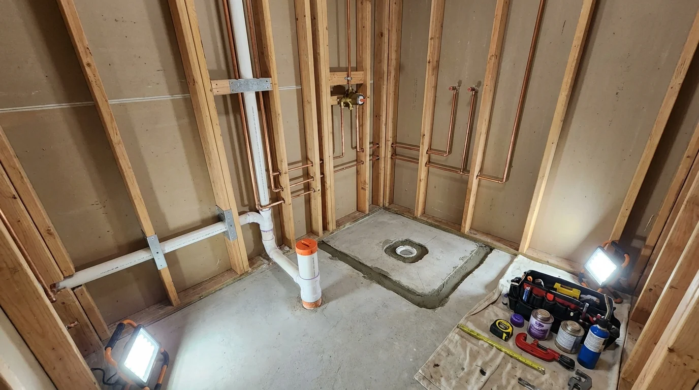 Bathroom rough-in plumbing during remodel by Johns Plumbing LLC in Stokesdale