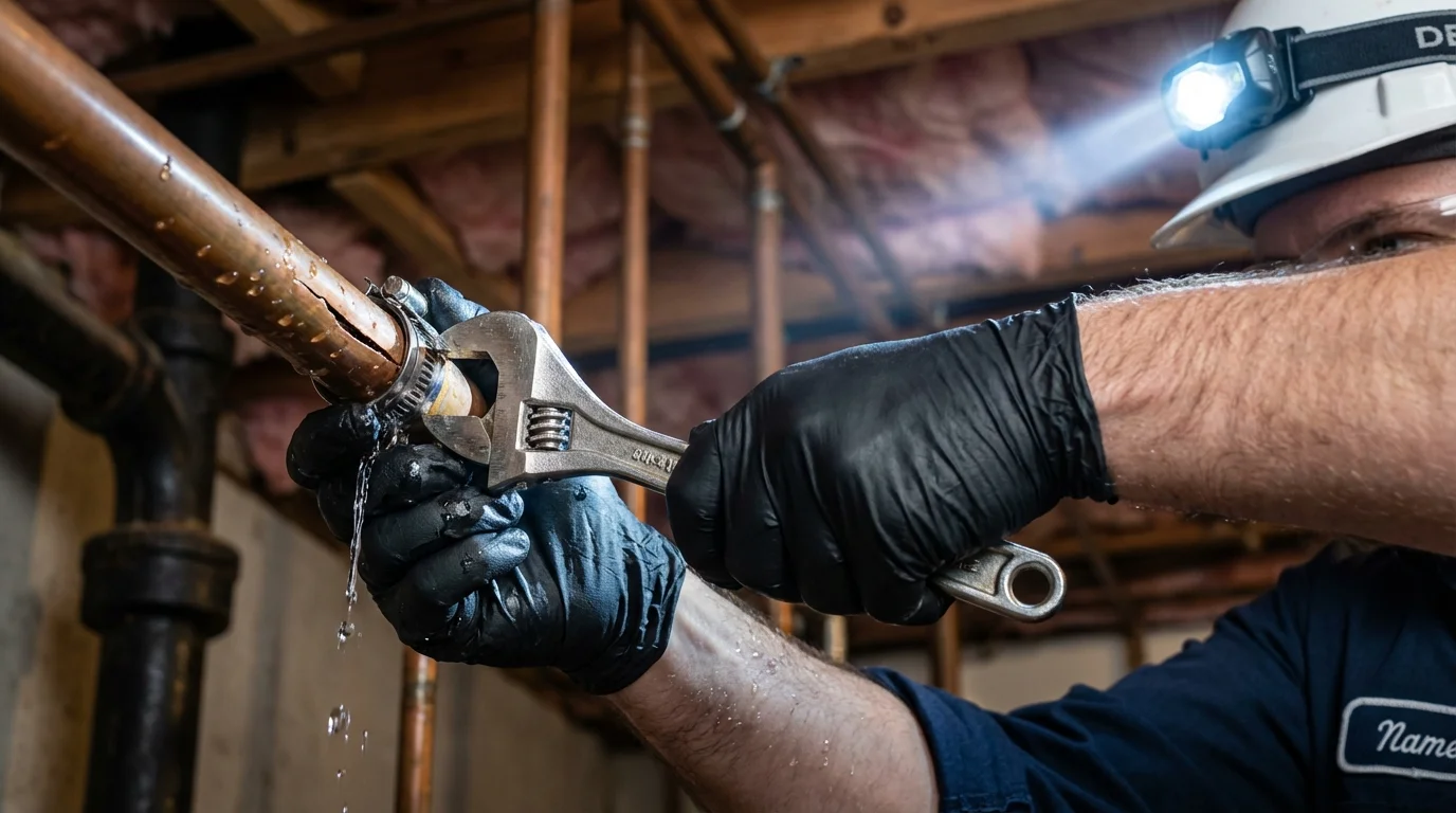 Emergency pipe clamp repair being performed by a Johns Plumbing LLC plumber in Stokesdale