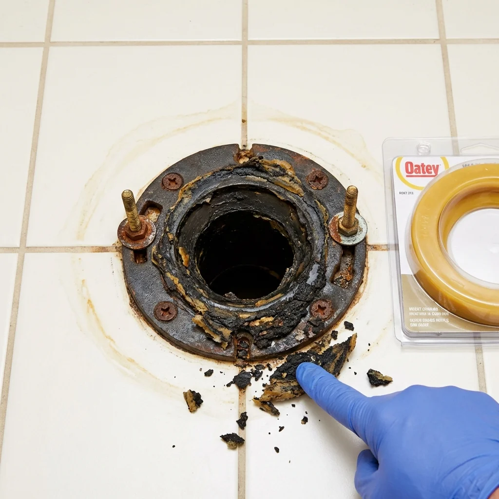 Failed wax ring showing water seepage at the base of a toilet in a Stokesdale, NC home