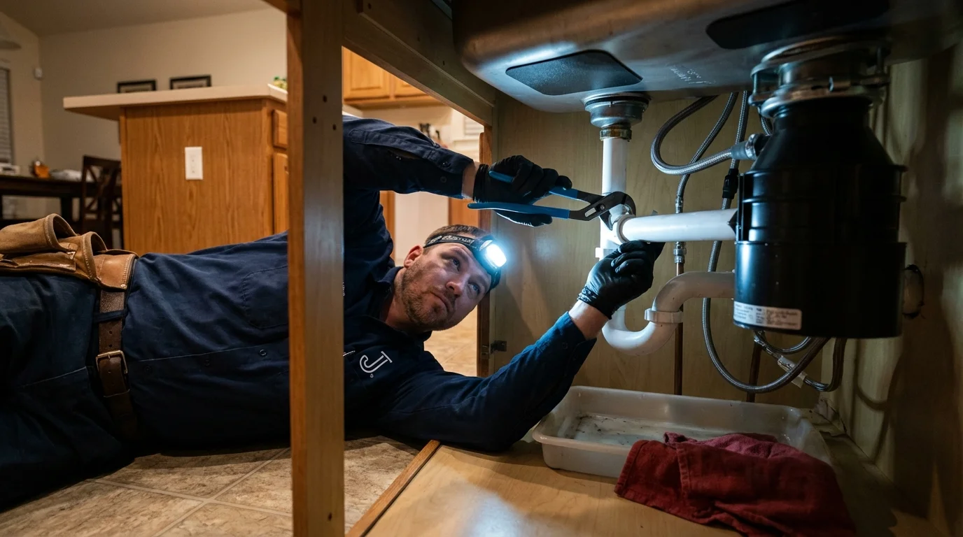 P-trap and supply line connections under a kitchen sink showing a common leak point in Stokesdale, NC